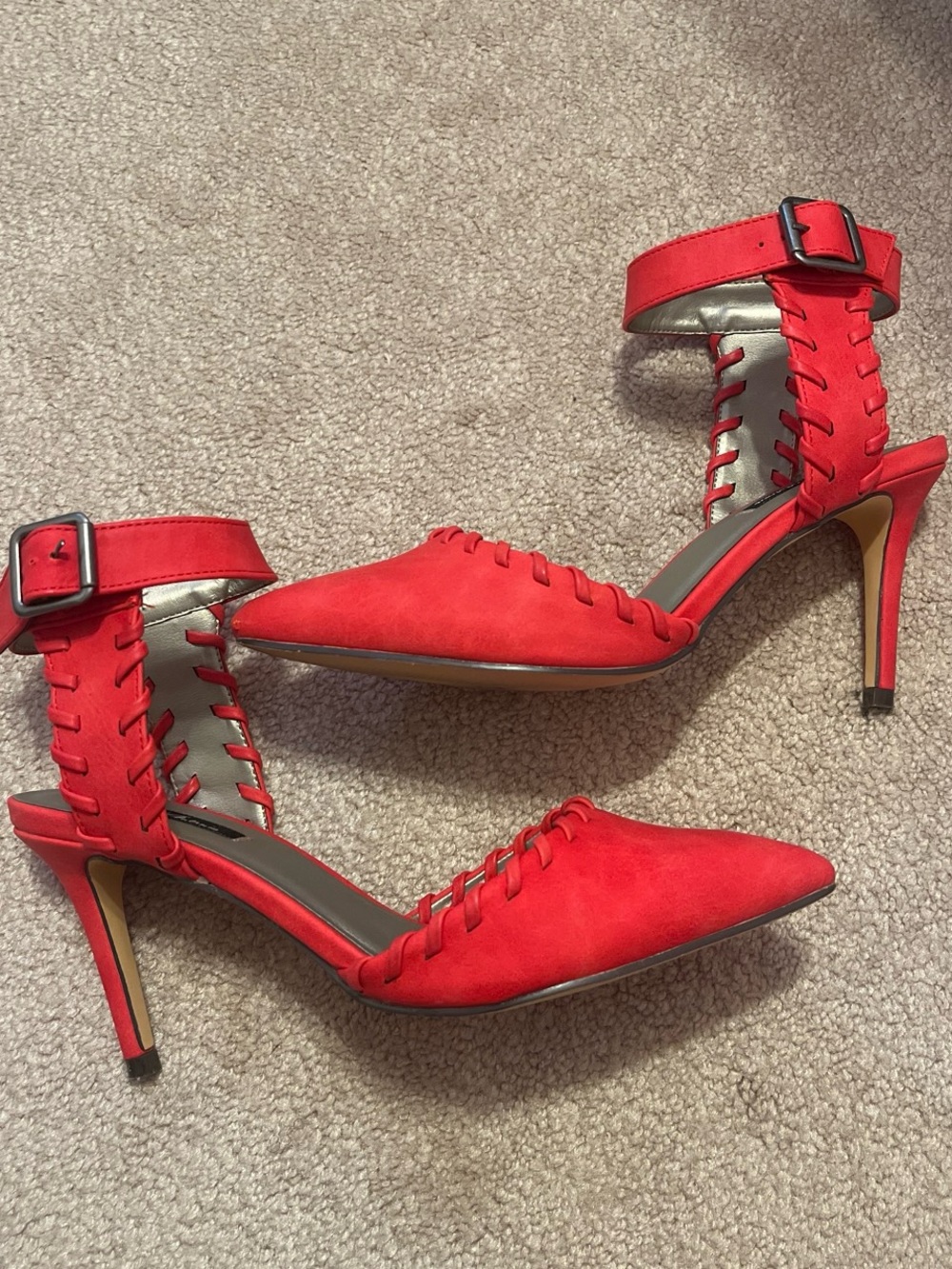 Michael Antonio Red Pointed-Toe Ankle-Strap Heels with Ladder Stitch Detail